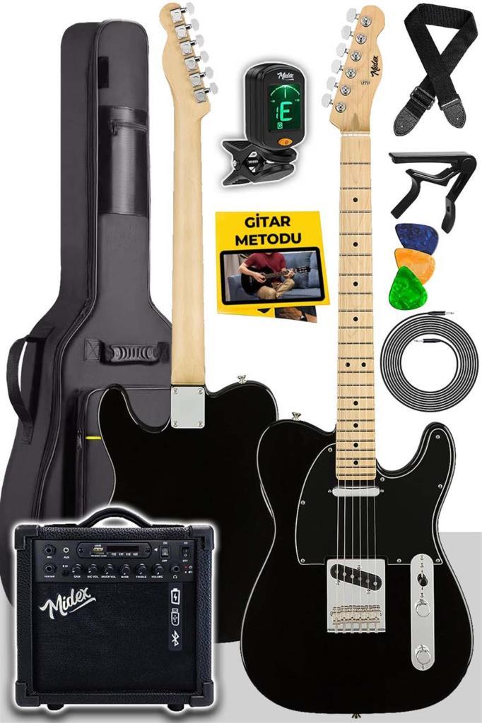 Midex Telecaster-25AMP Black SS 25 Watt Şarjlı Amfili Elektro Gitar Full Set