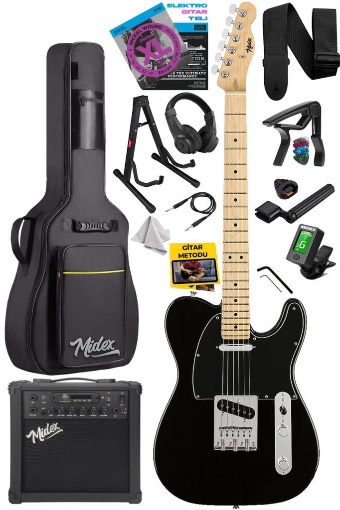 Midex TLX-50BK-25AMP Tele Kasa Maple Klavye 2 Single-Coil 25W Amfili Elektro Gitar