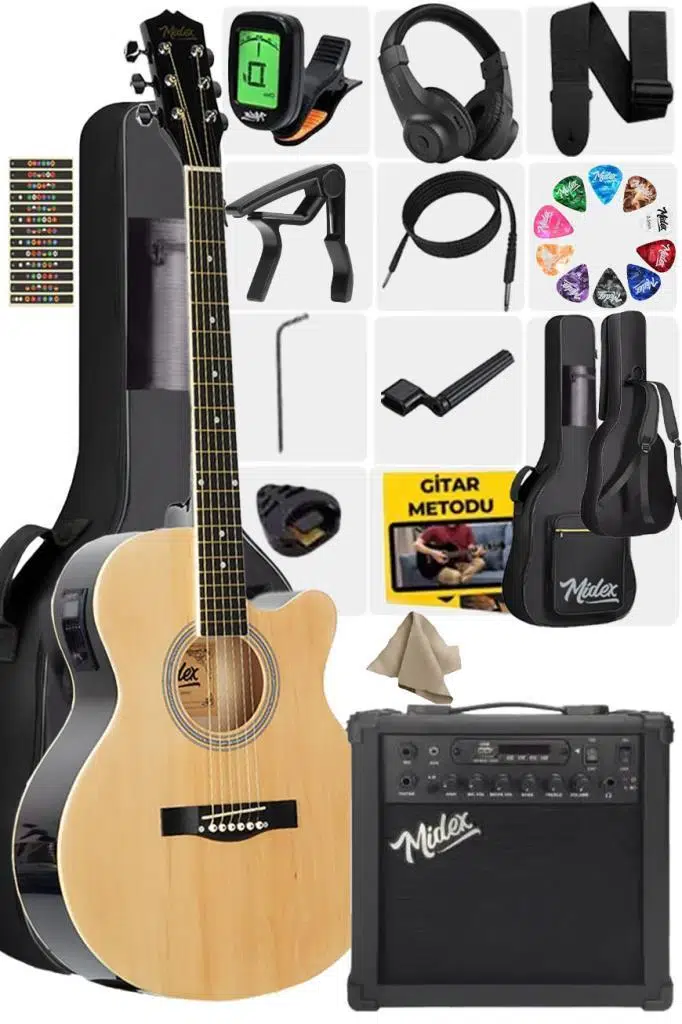 Midex XC-300XNT-AMP Profesyonel AMFİLİ Elektro Akustik Gitar (Amfi Çanta Capo Askı Jak Kablo Pena)